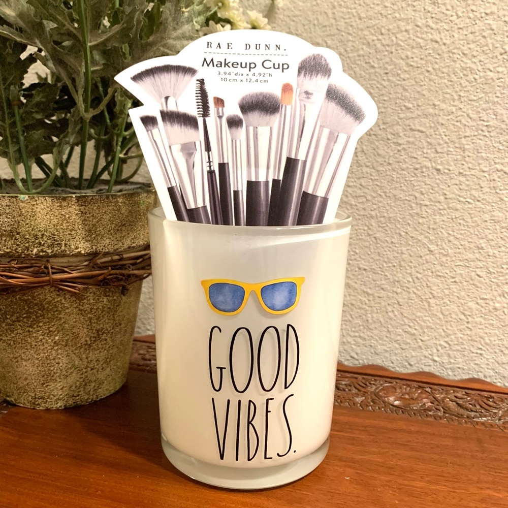 🌟 RAE DUNN "GOOD VIBES" GLASS STORAGE CUP MULTIPURPOSE MAKEUP HOLDER